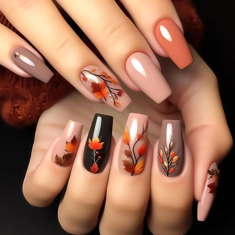 CJDLTS Thanksgiving Day Press on Nails Medium Ballet Shaped Artificial Acrylic Nail Maple Leaf Stick on Nails Full Cover Glossy Press Ons Artificial Fingernails Festival Glue on Nails for Women Manicure - Image 1